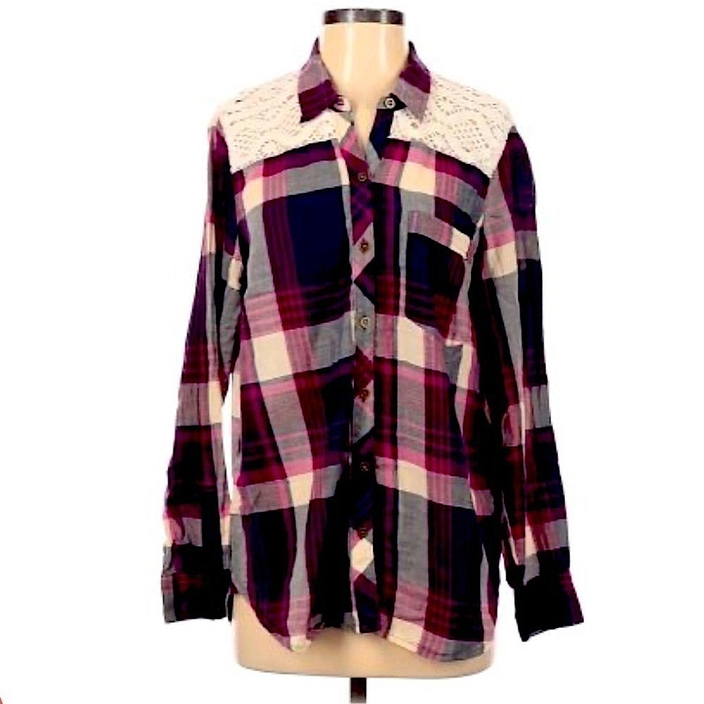LUCKY Brand Plaid Shirt With Lace Yoke Size M